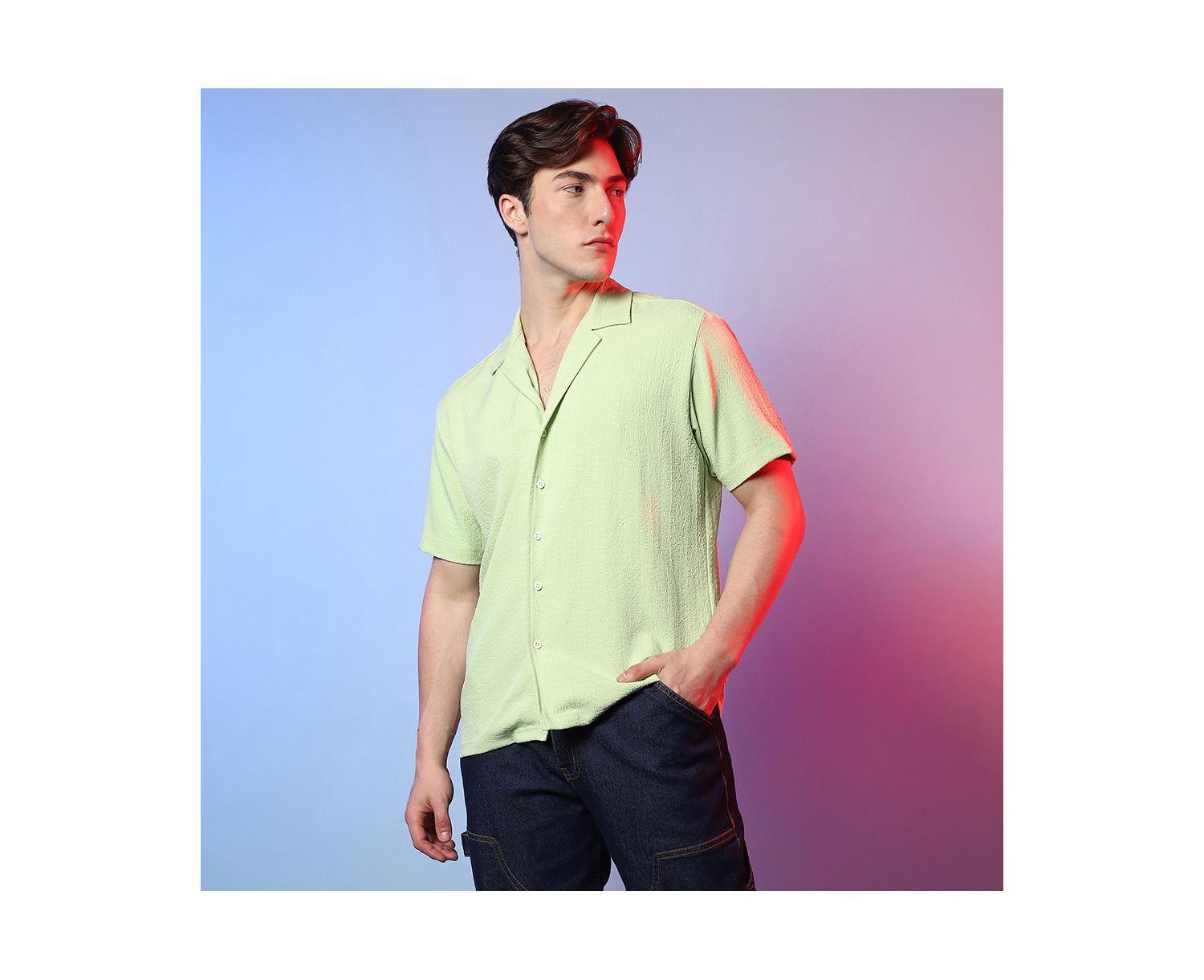 Men's Lime Green Self-Design Creased Box Shirt