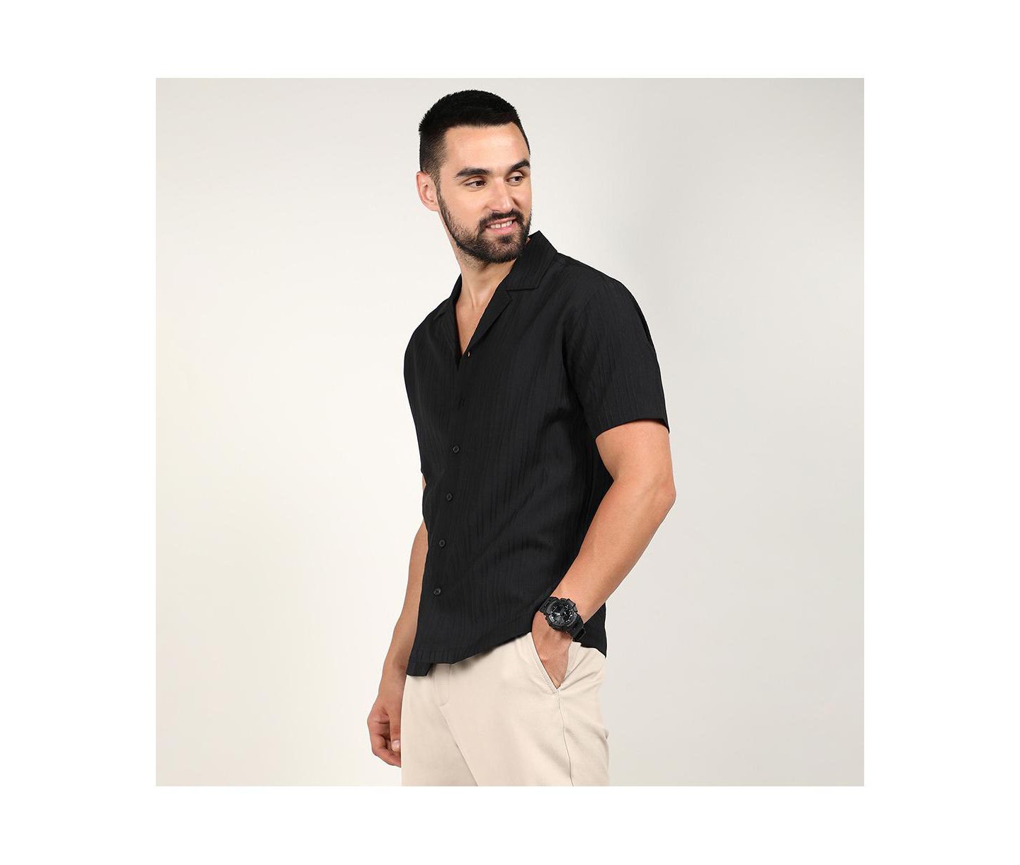 Мужская рубашка Cahoot Charcoal Black Self-Design Striped, цвет: Чёрный — фото 5