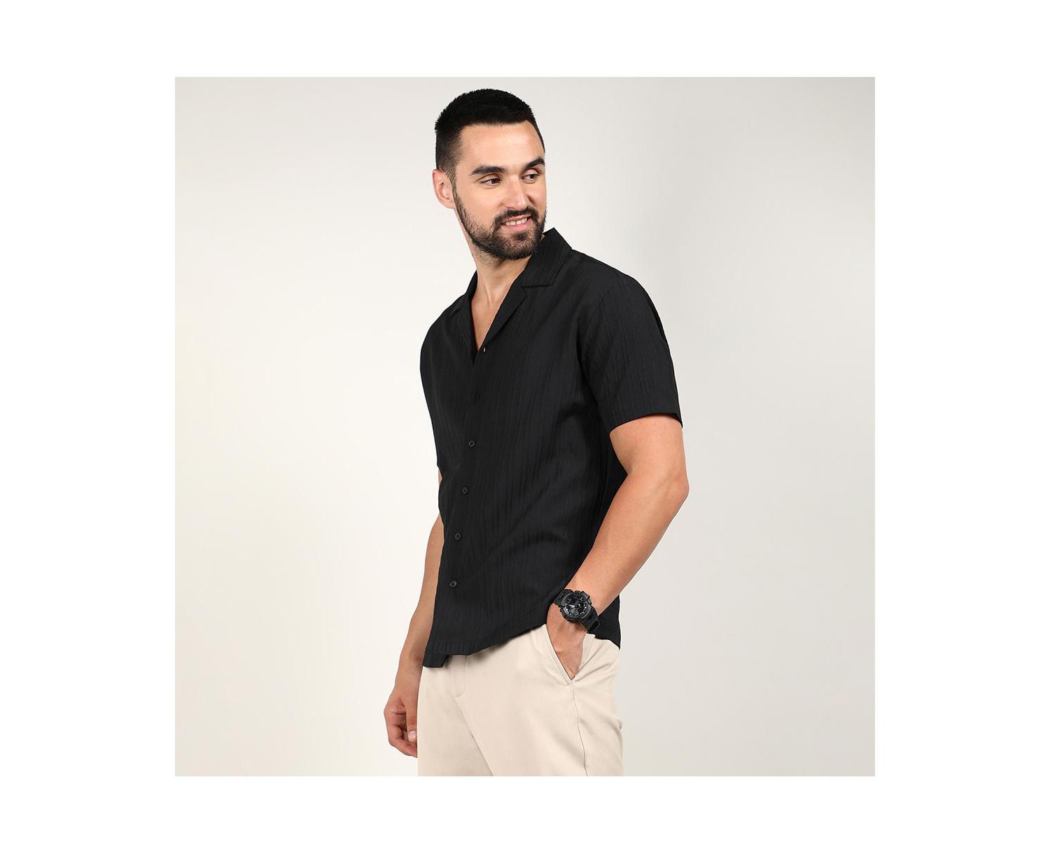 Men's Charcoal Black Self-Design Striped Shirt