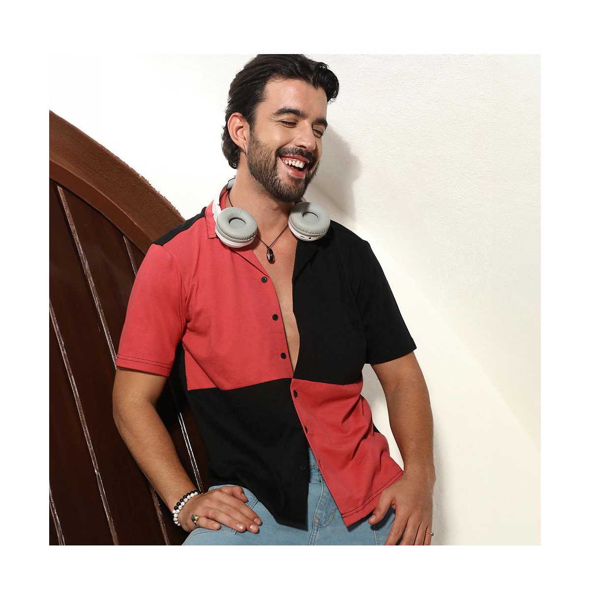 Campus Sutra Men's Crimson Red & JetMaxi Checkers Shirt - Black