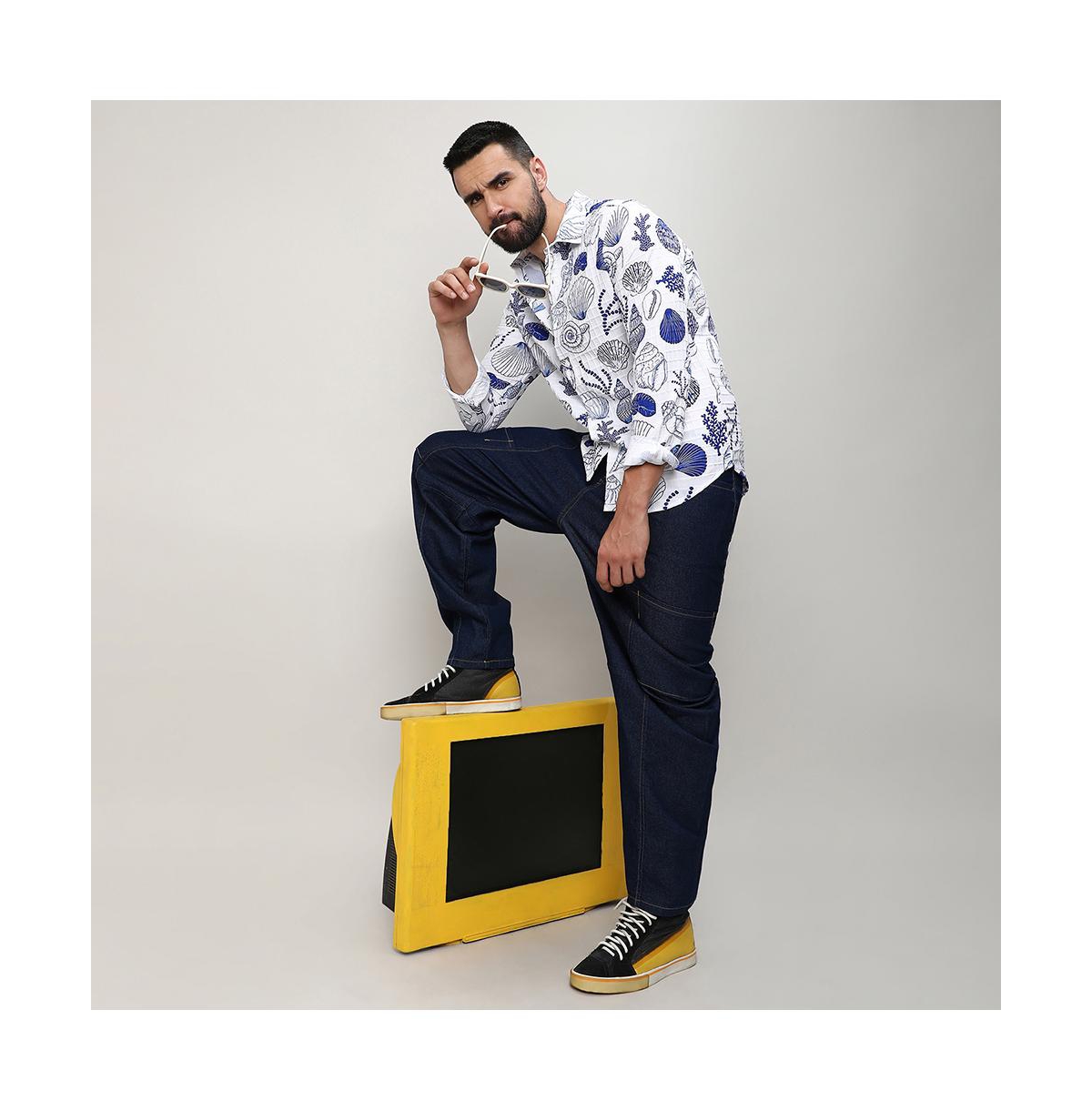 Campus Sutra Men's ChalkIndigo Blue Seashell Shirt - White