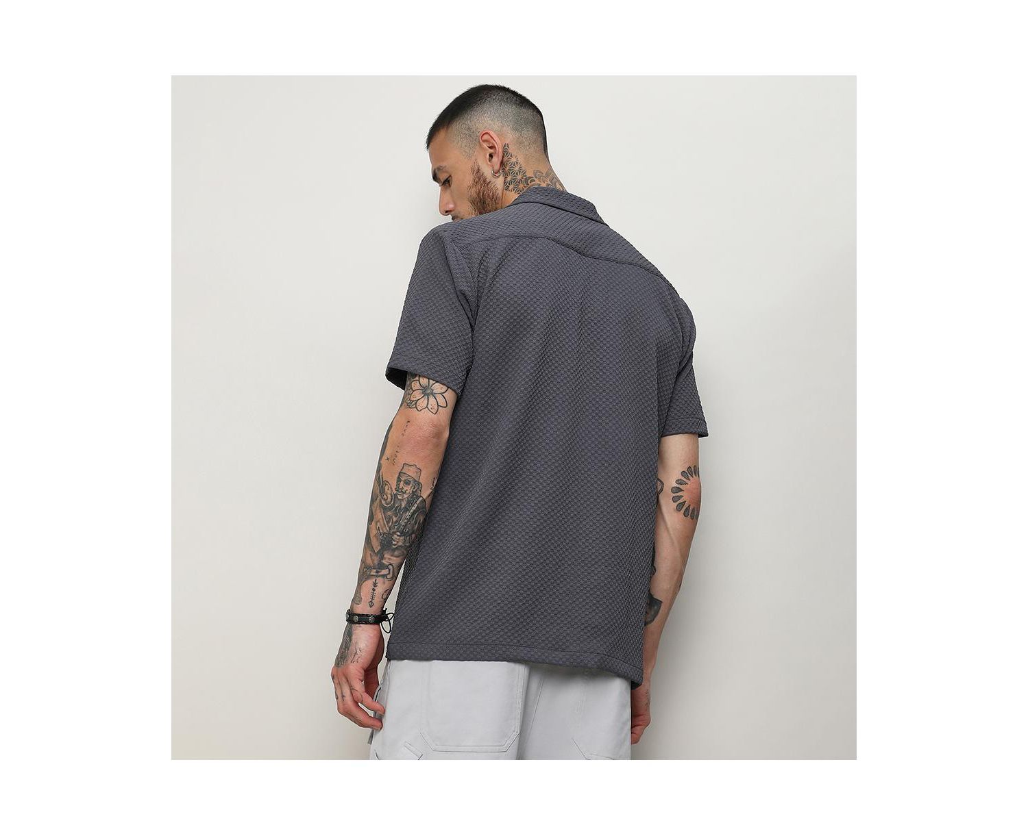 Men's Charcoal Grey Self-Design Block Shirt
