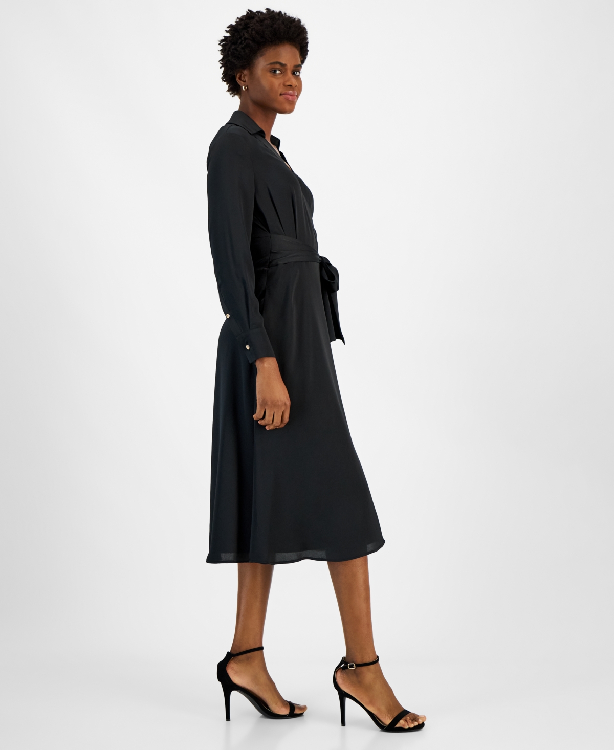 Tahari Asl Women's Collared Waist-Tie Midi Dress