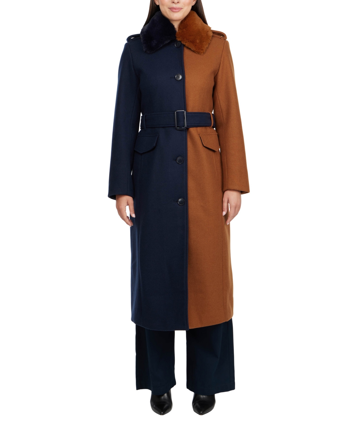 Badgley Mischka Women's Wool Blend Color Block Coat with Detachable Faux Fur Collar -navy