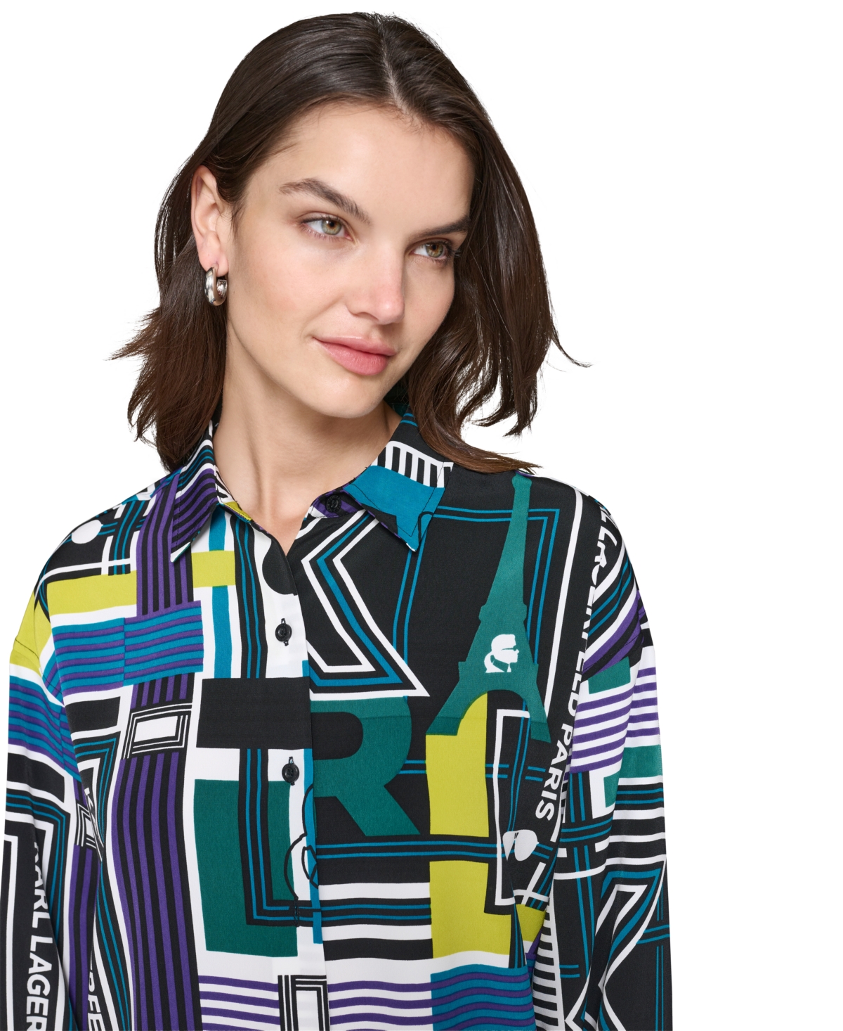 Karl Lagerfeld Paris Women's Oversized Printed Button-Front Top - Soft White  Green