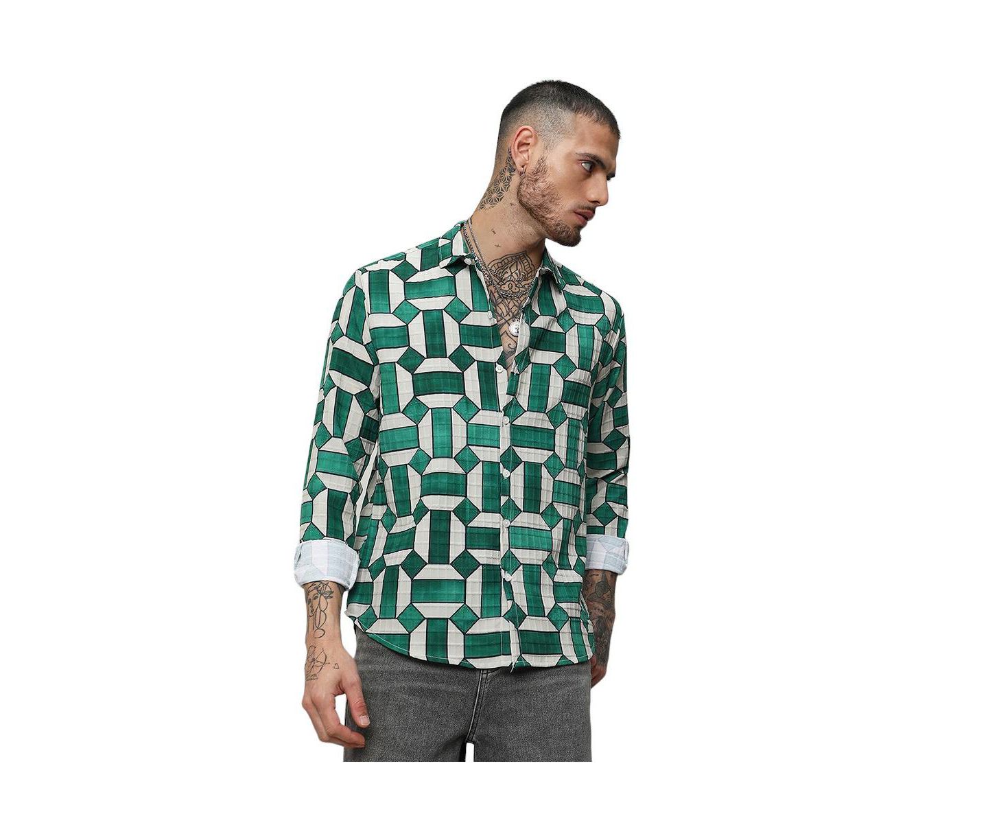 Мужская рубашка Cahoot Emerald Green & Ivory White Contrast Block, цвет: Белый — фото 1