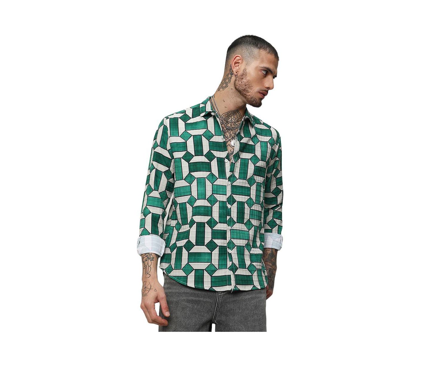 Men's Emerald Green & Ivory White Contrast Block Shirt
