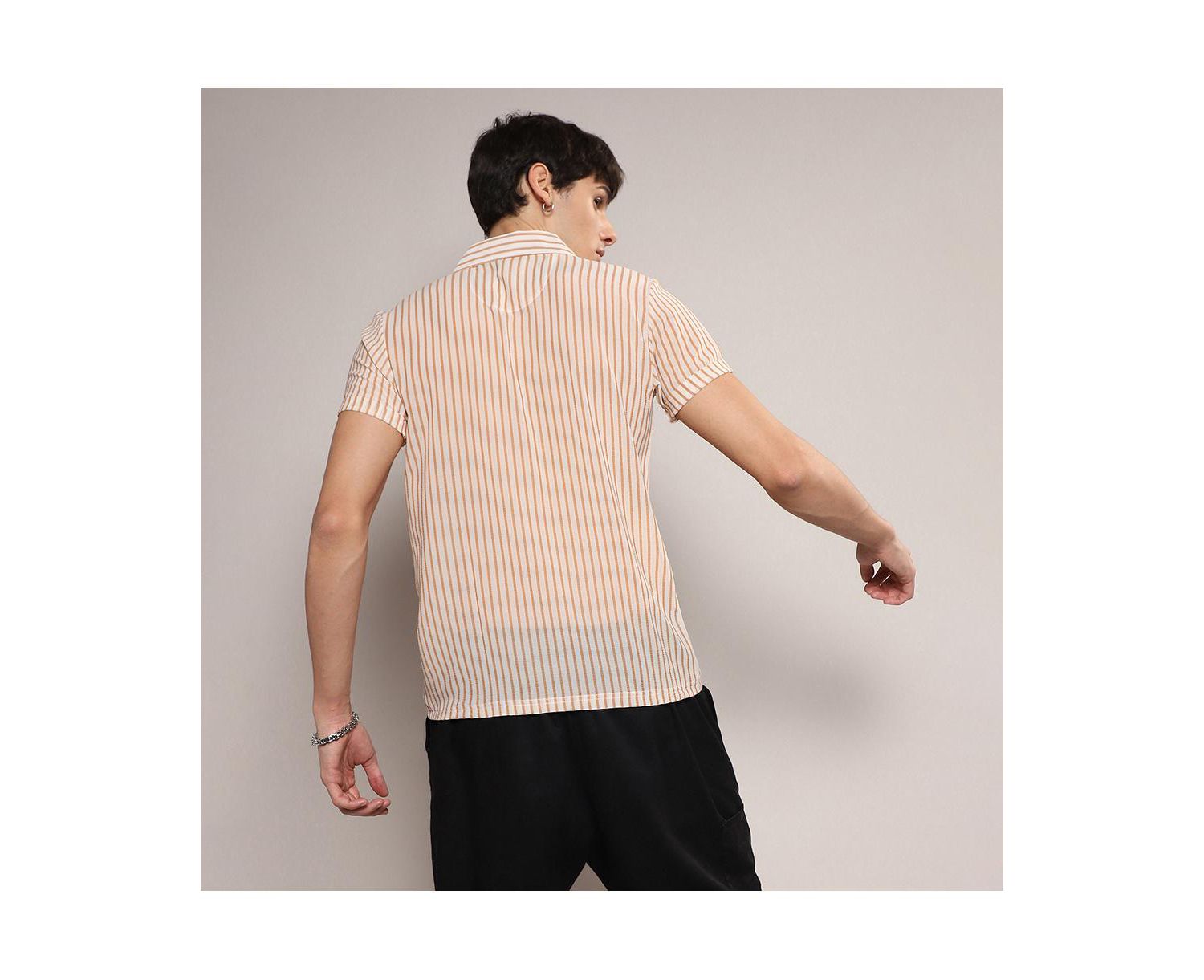 Men's White & Brown Unbalanced Striped Shirt