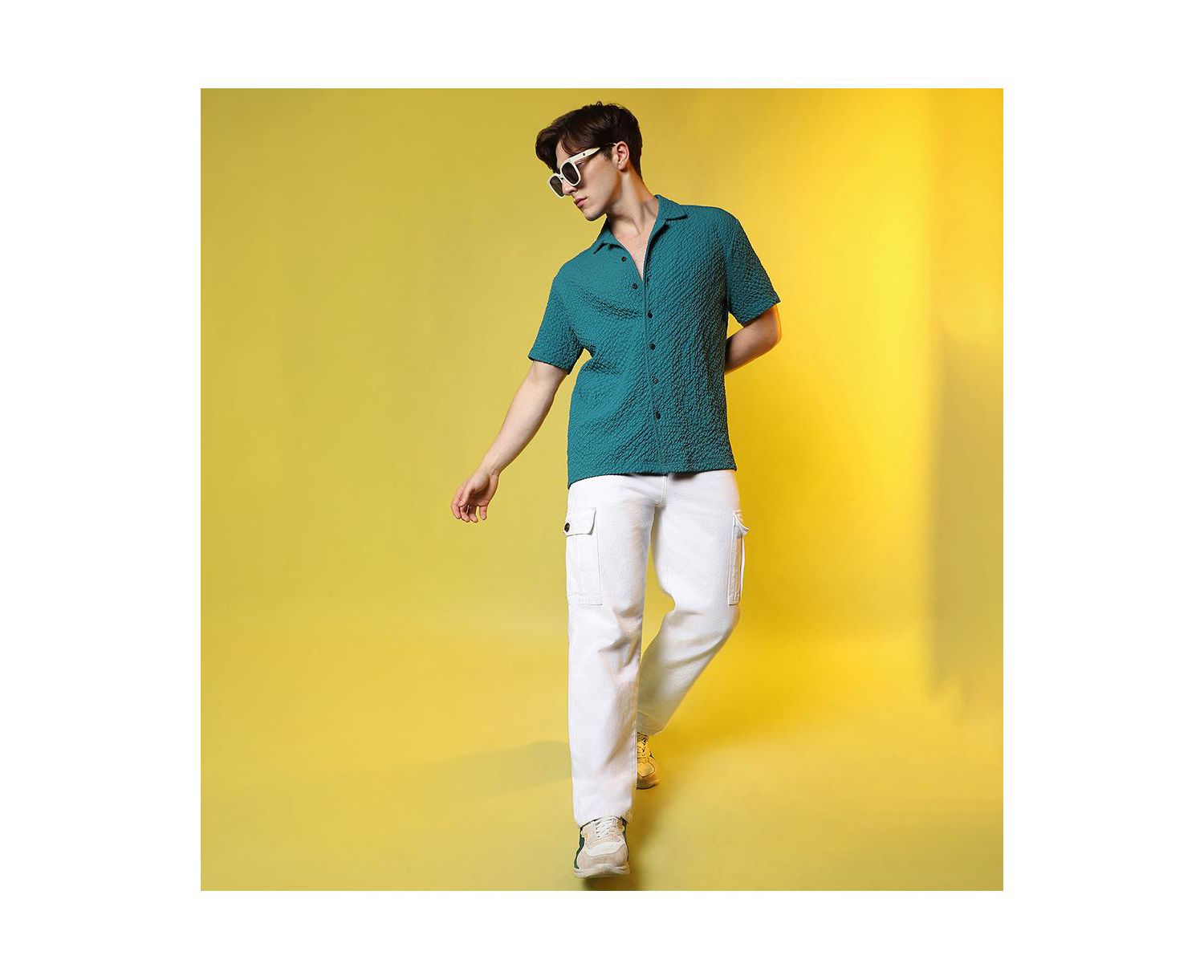 Men's Teal Green Self-Design Creased Striped Shirt