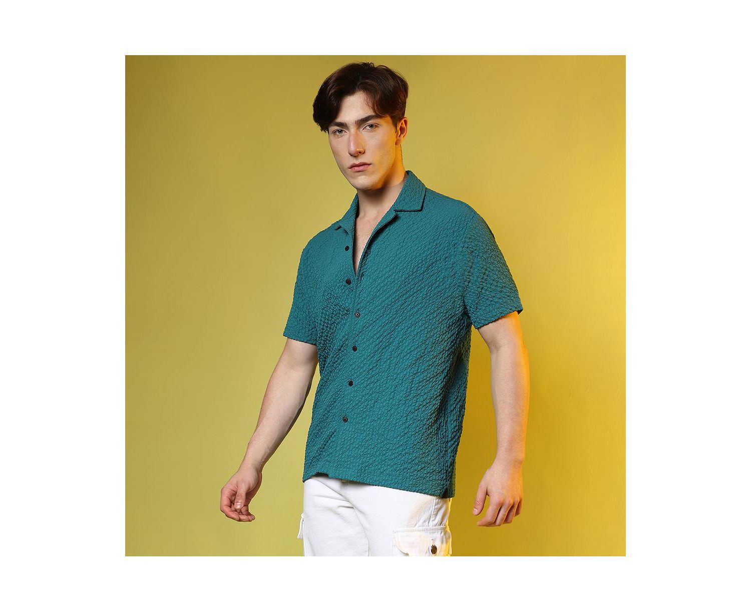 Men's Teal Green Self-Design Creased Striped Shirt