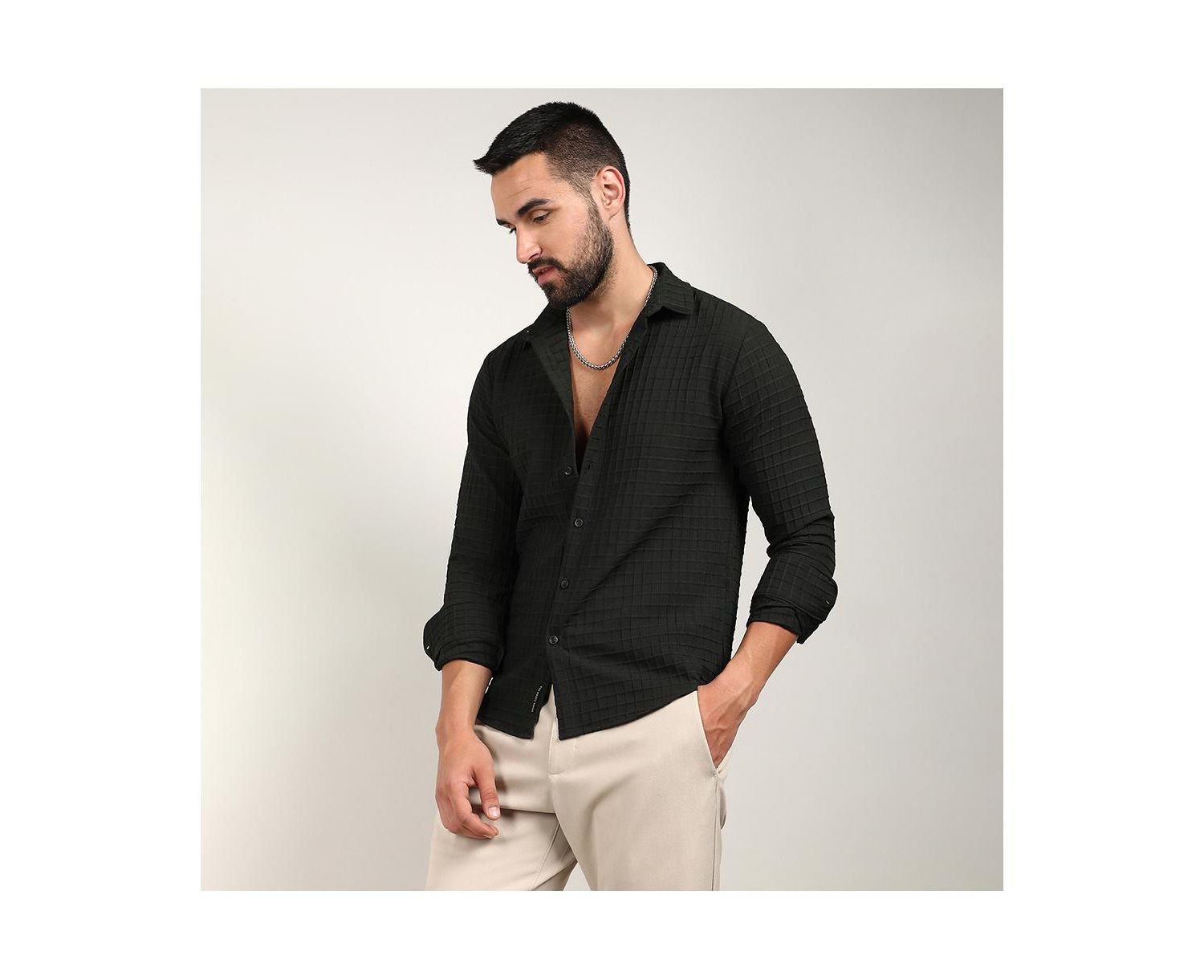 Men's Midnight Black Embossed Graph Check Shirt