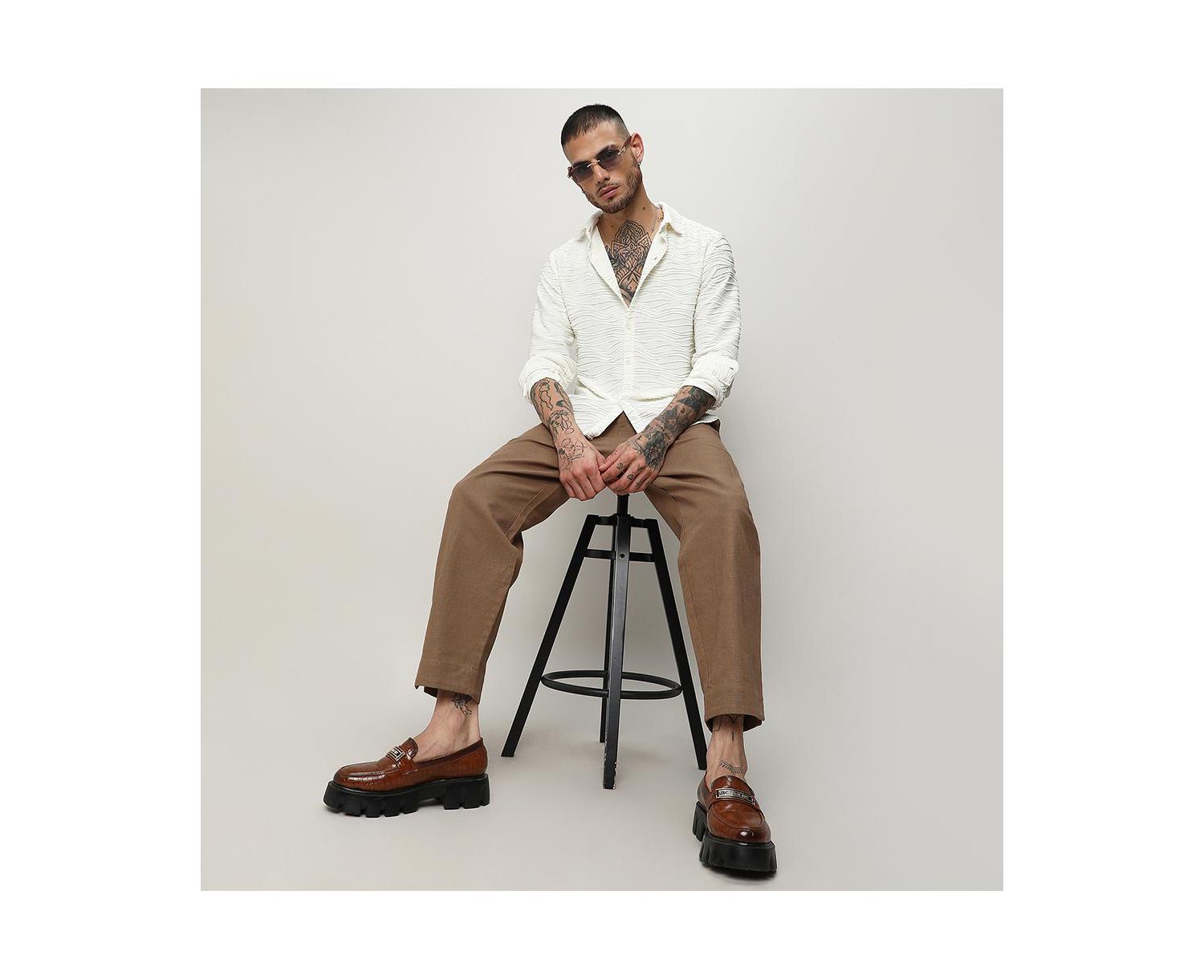 Men's Ivory White Self-Design Wave Shirt