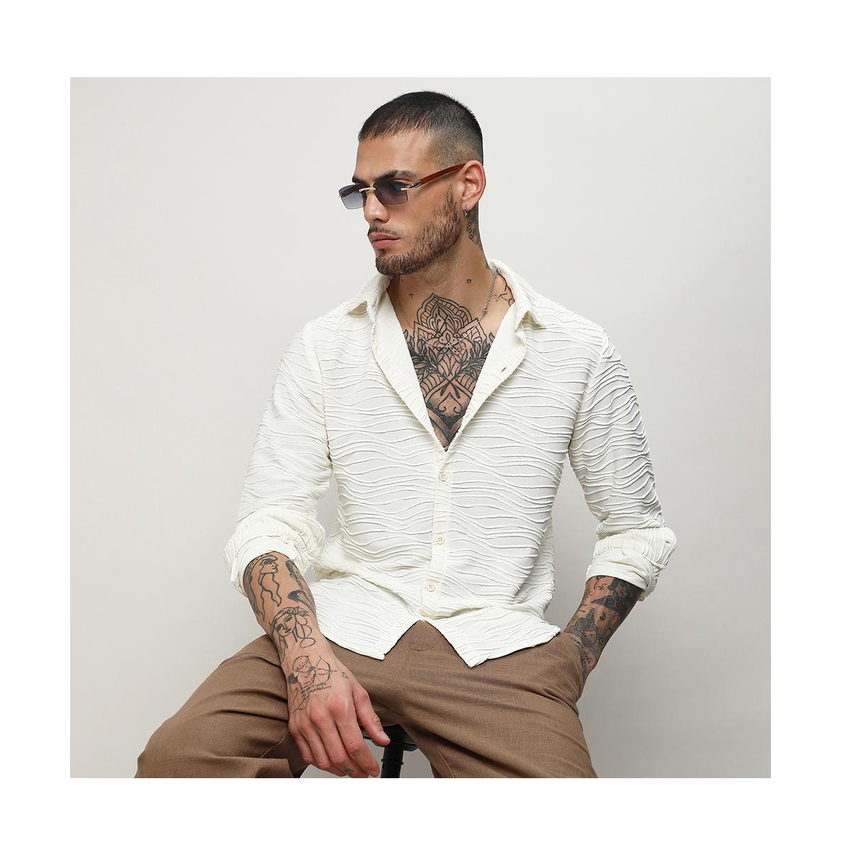 Campus Sutra Men's IvorySelf-Design Wave Shirt - White
