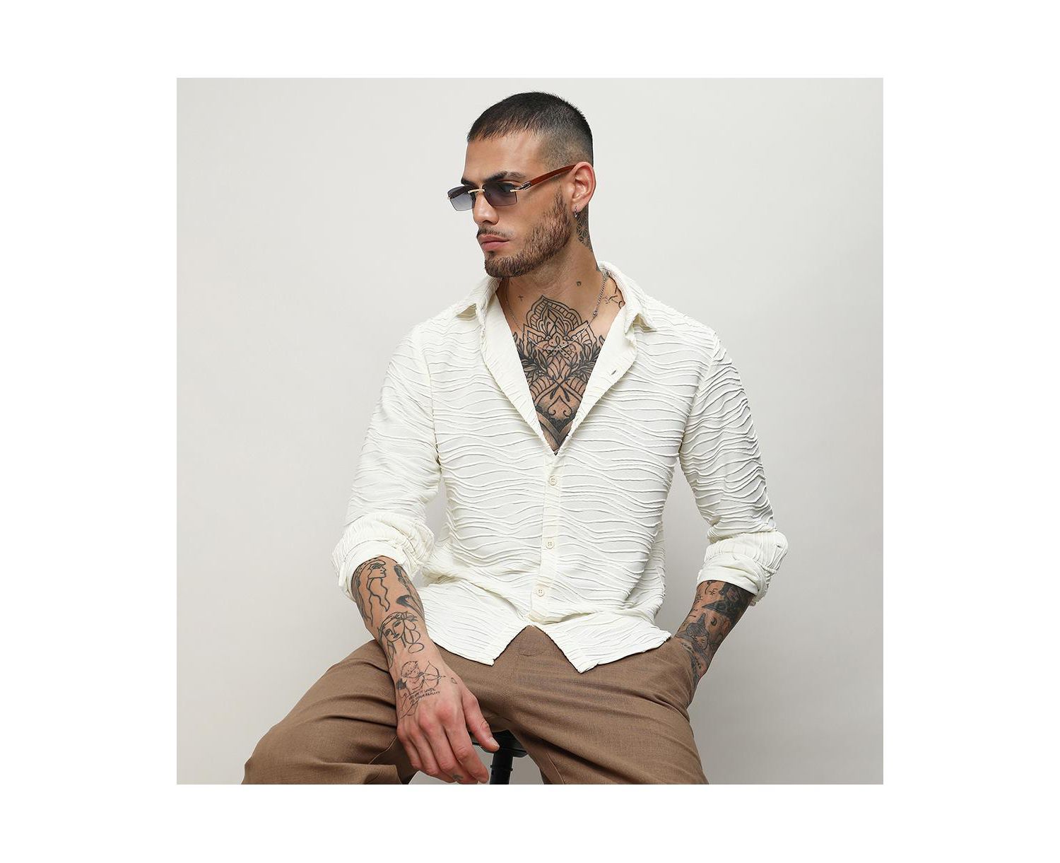 Men's Ivory White Self-Design Wave Shirt