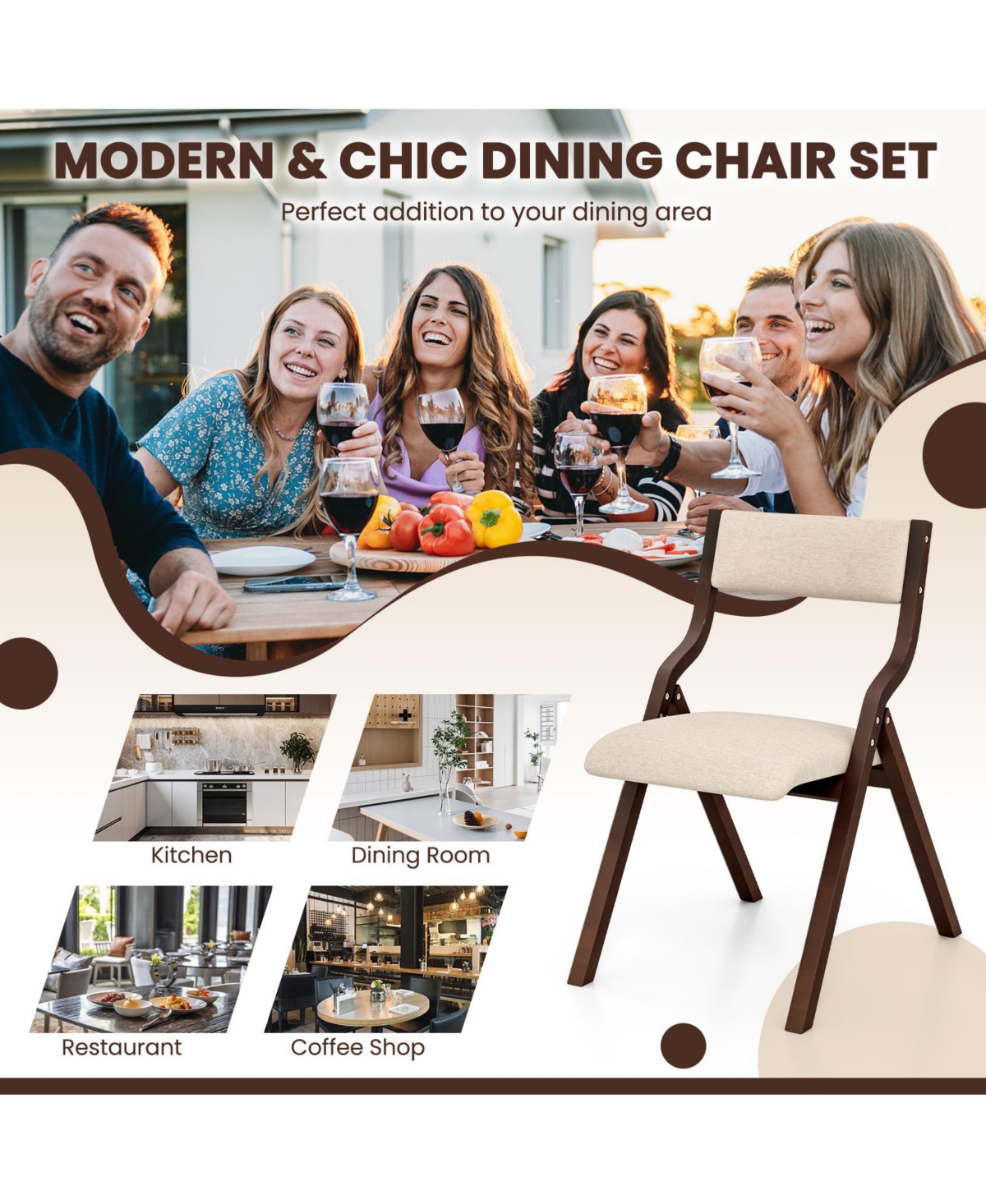Sugift Set of 2 Wooden Folding Dining Chair with Linen Fabric Padded Seat and Backrest