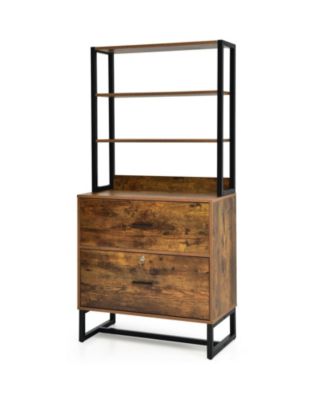 Letter Size Lateral File Cabinet with Lock and Bookshelf-Rustic