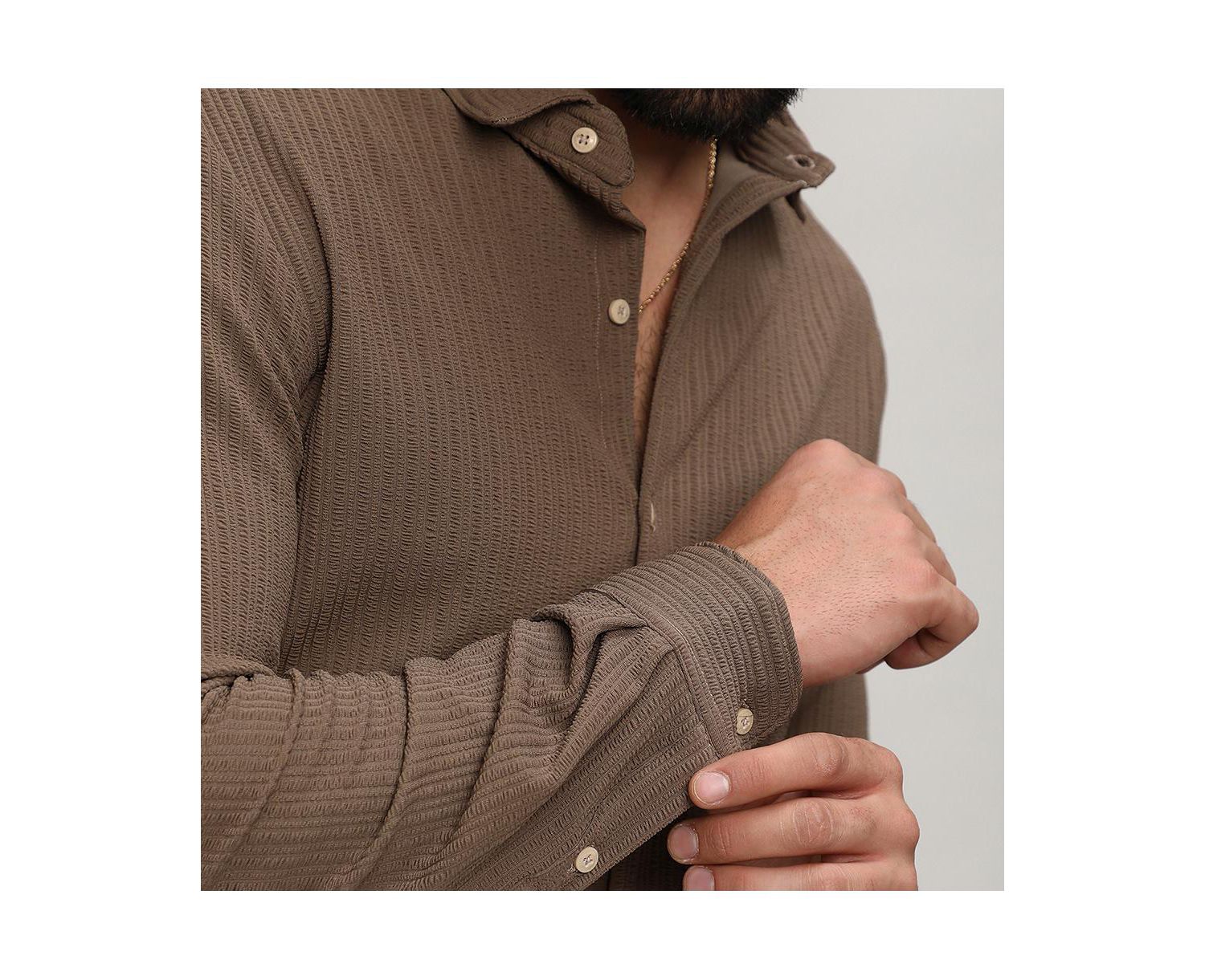 Men's Tan Brown Stripe-Creased Shirt