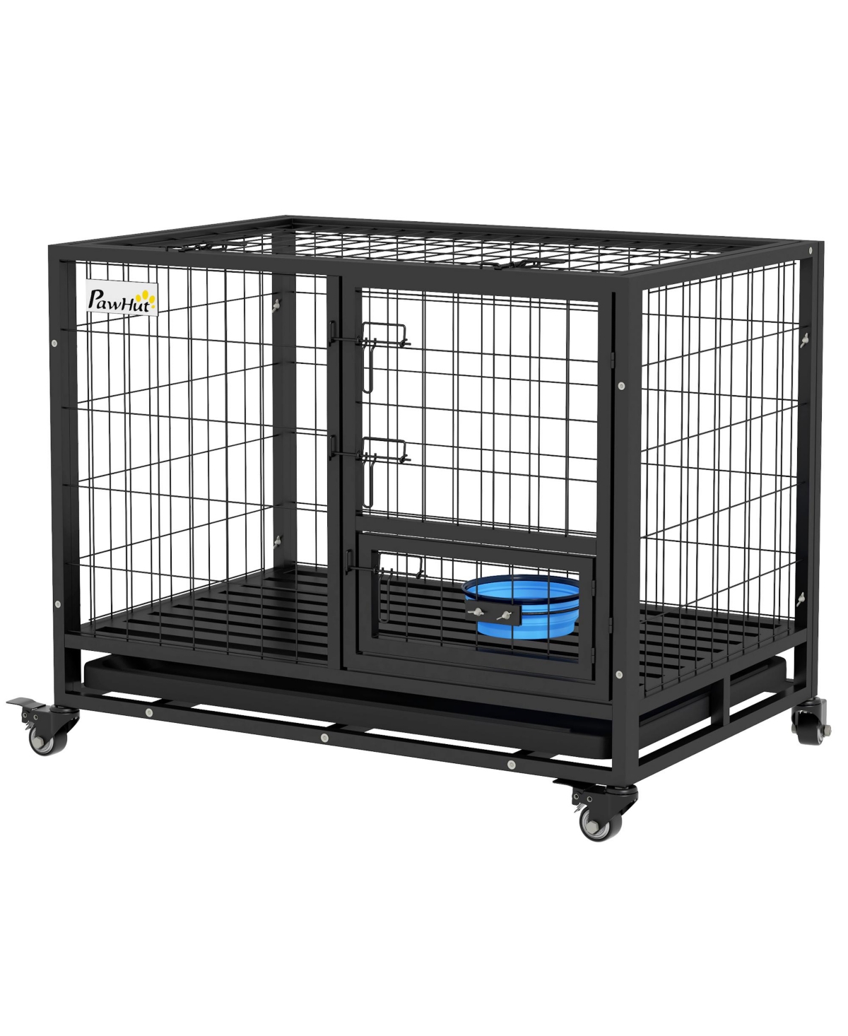 PawHut Dog Crate with Bowl Holder, Wheels for Med/Large Dogs,- Black