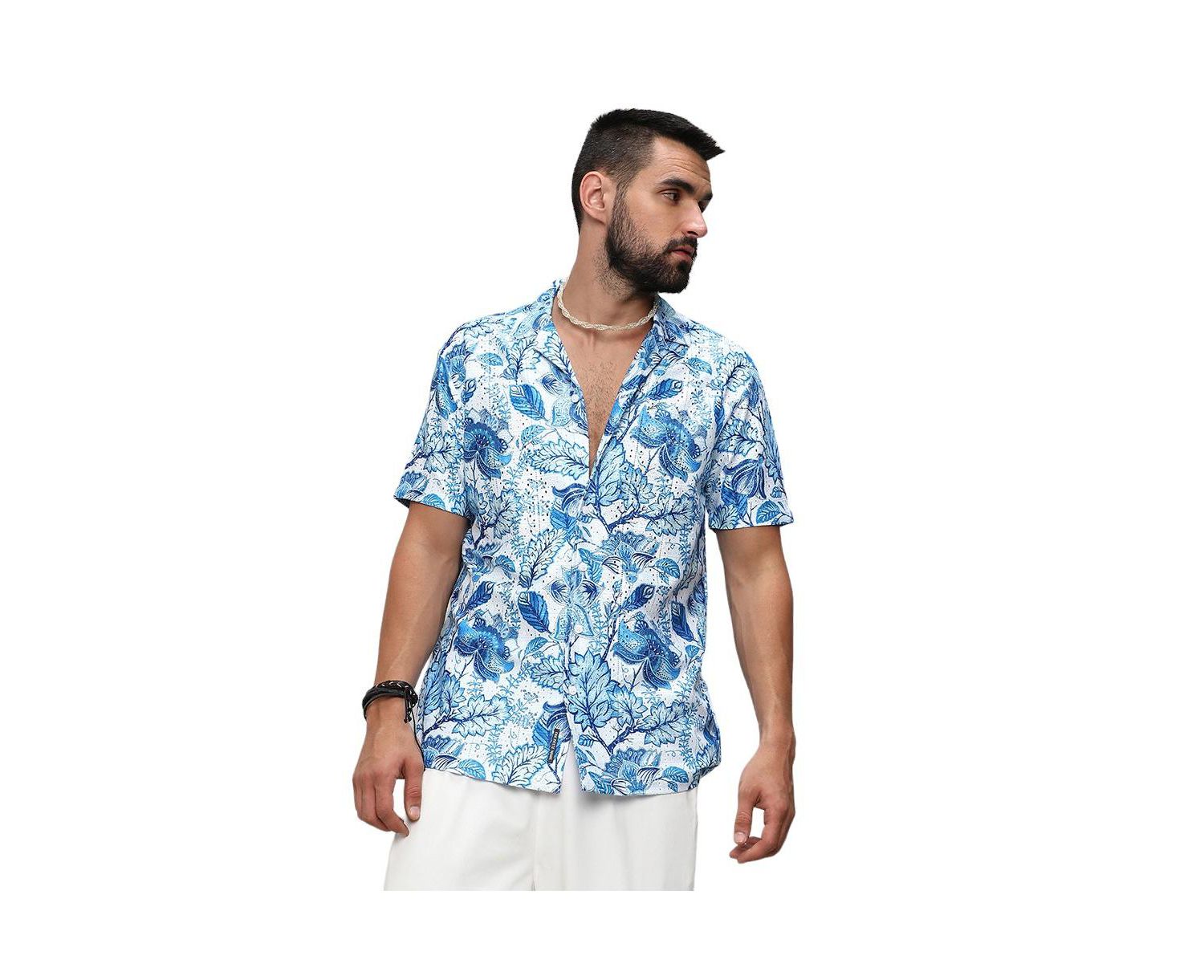 Men's Chalk White:Indigo Blue Mesh Foliage Shirt