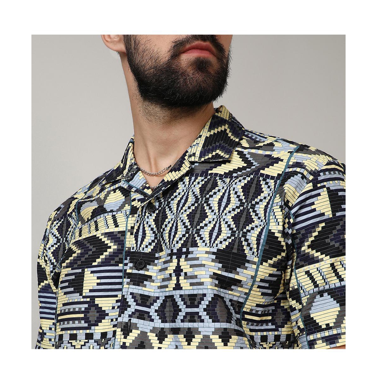 Campus Sutra Men's Sky& Lemon Yellow Bohemian Shirt - Blue