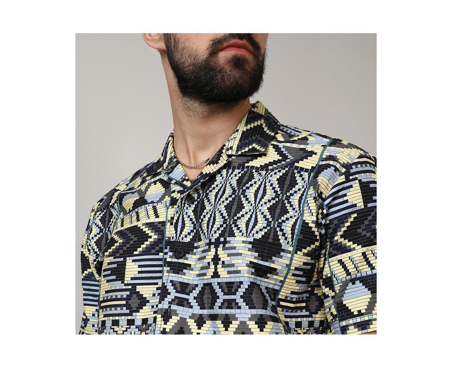 Men's Sky Blue & Lemon Yellow Bohemian Shirt