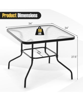 34 Inch Outdoor Dining Table Square Tempered Glass Table with 1.5 Inch Umbrella Hole