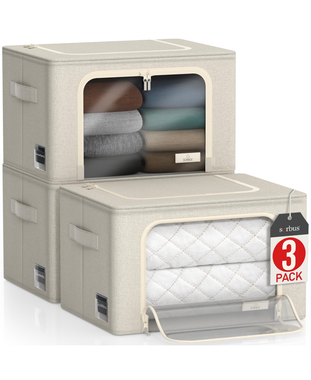 3 Pack Medium Foldable Storage Box - Metal Frame, Oxford Fabric, Large Window & Handles - Organization for Bedroom, Linens & Clothes (Beige) -