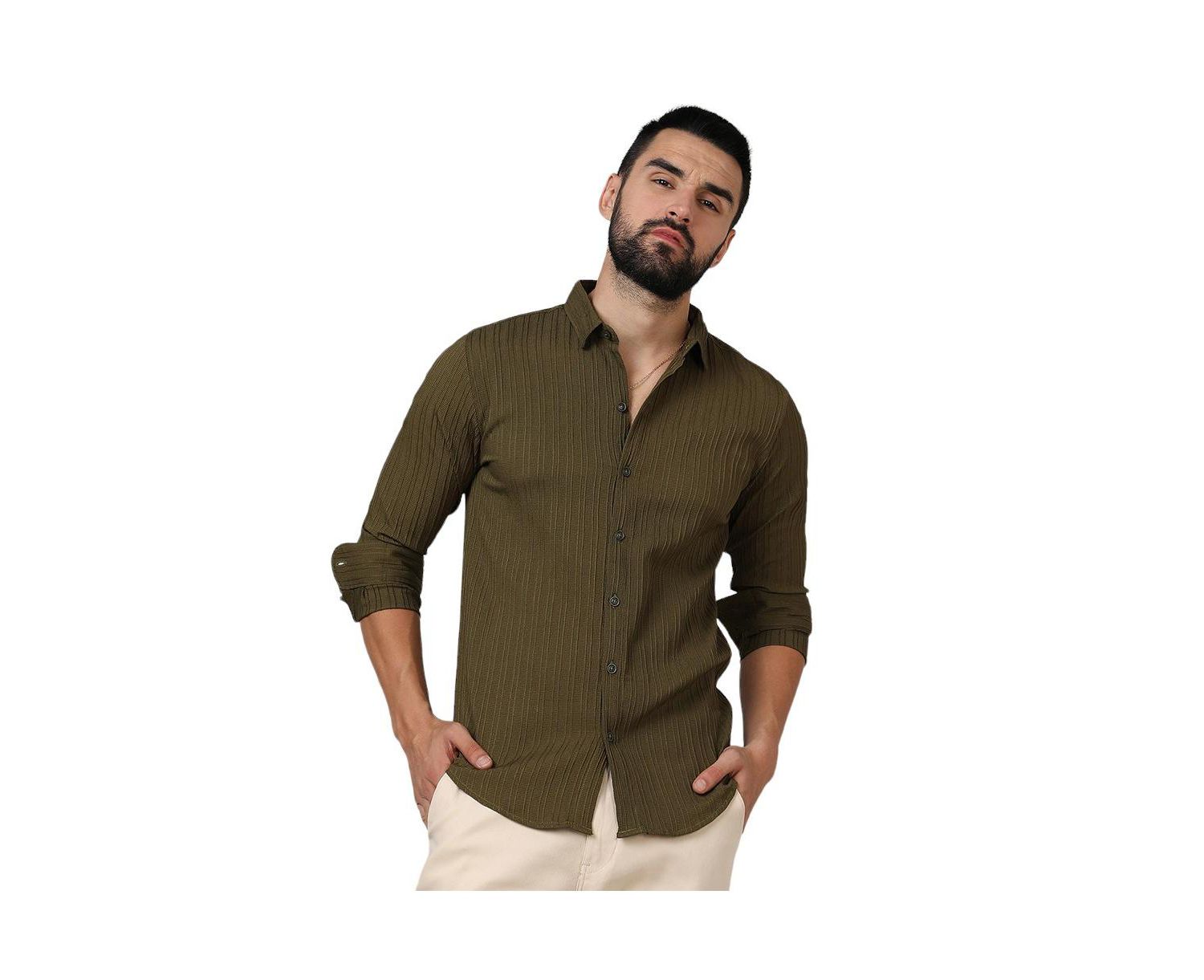Men's Olive Green Self-Design Striped Shirt