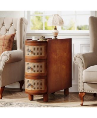 3-Drawer Rattan End Table, Solid Wood Sofa Side Table, Slim Nightstand, Finished Back, No Assembly, Walnut & Oak