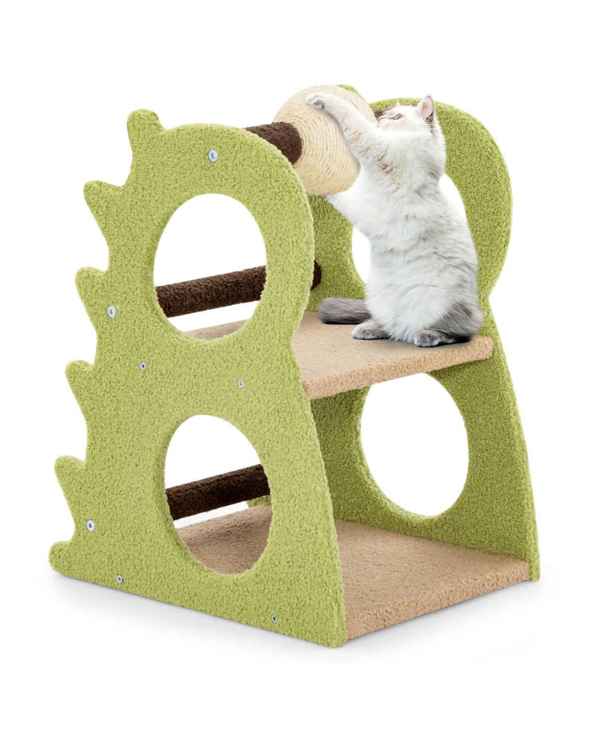 2-Tier Modern Cat Tree for Indoor Cats with Rotatable Sisal Scratching Ball - Green