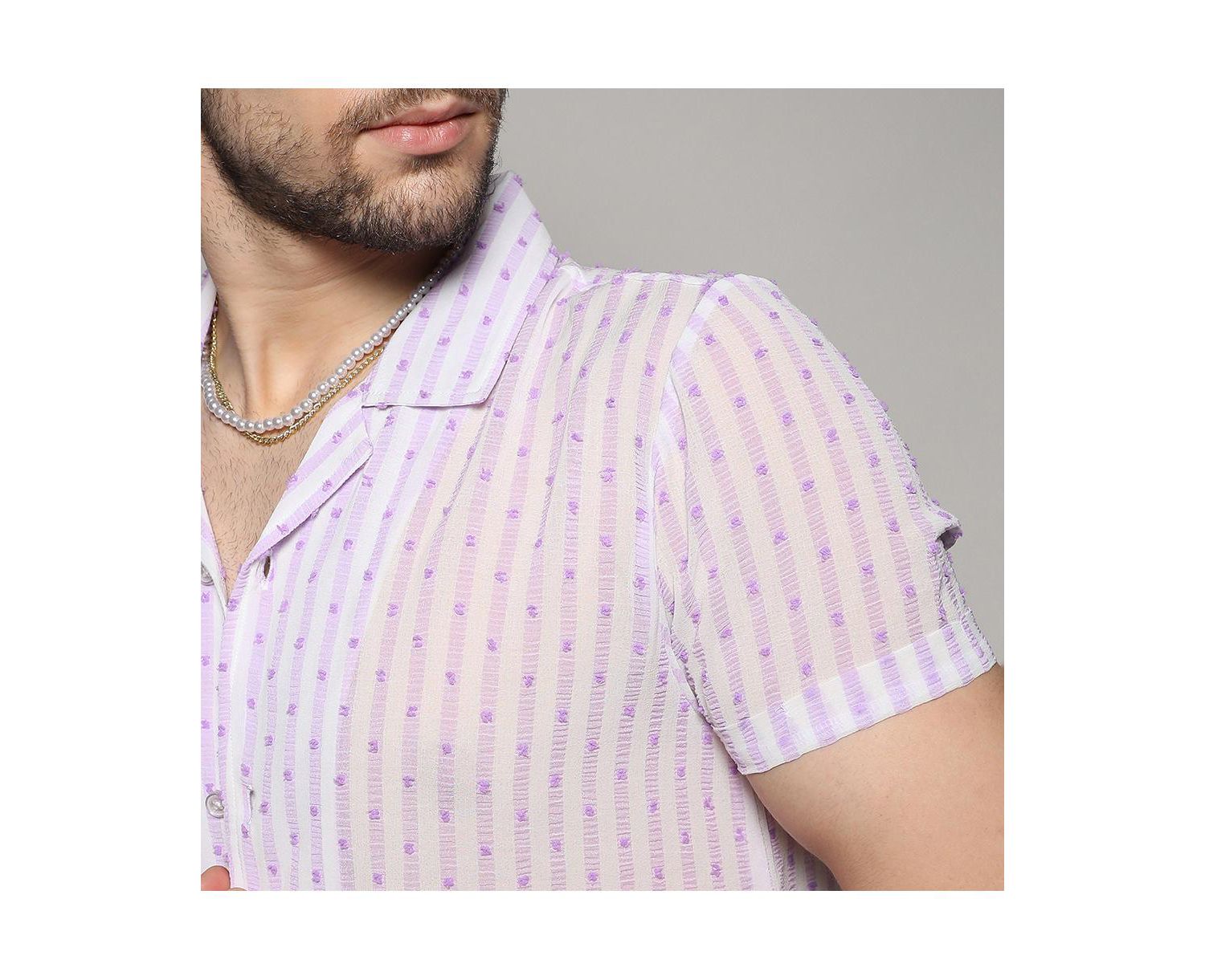 Men's White & Lavender Balanced Striped Shirt