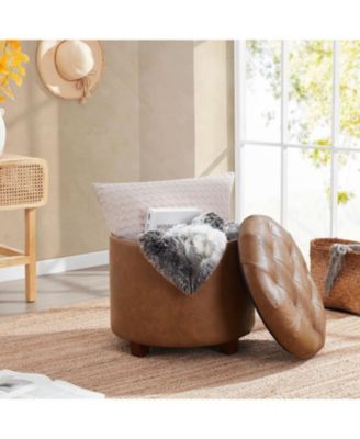 Faux Leather Round Storage Ottoman with Legs and Lift Off Lid