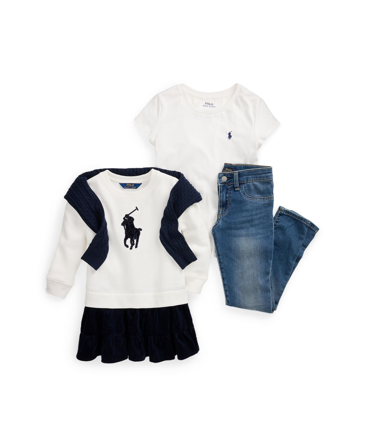 Polo Ralph Lauren Toddler And Little Girls Big Pony Corduroy Skirt Fleece Dress - Deckwash White With Navy