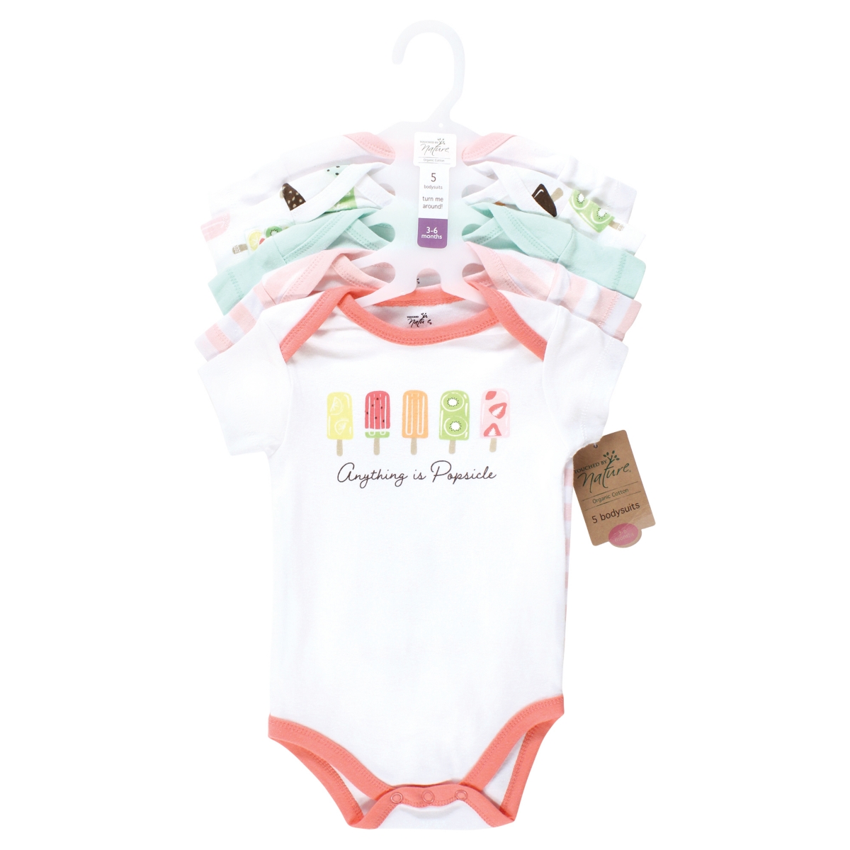 Touched by Nature Baby Girls Organic Cotton Bodysuits, Months - Popsicle