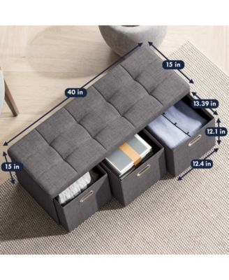40" Linen Collapsible Tufted Linen Long Bench Storage Ottoman with 3 Drawers