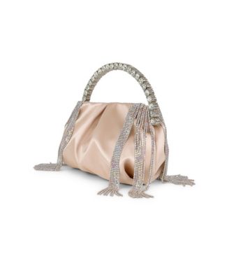 Woman's Tatiana  Crystal Embellished Fringe Pouch Clutch  with Crystal Handle