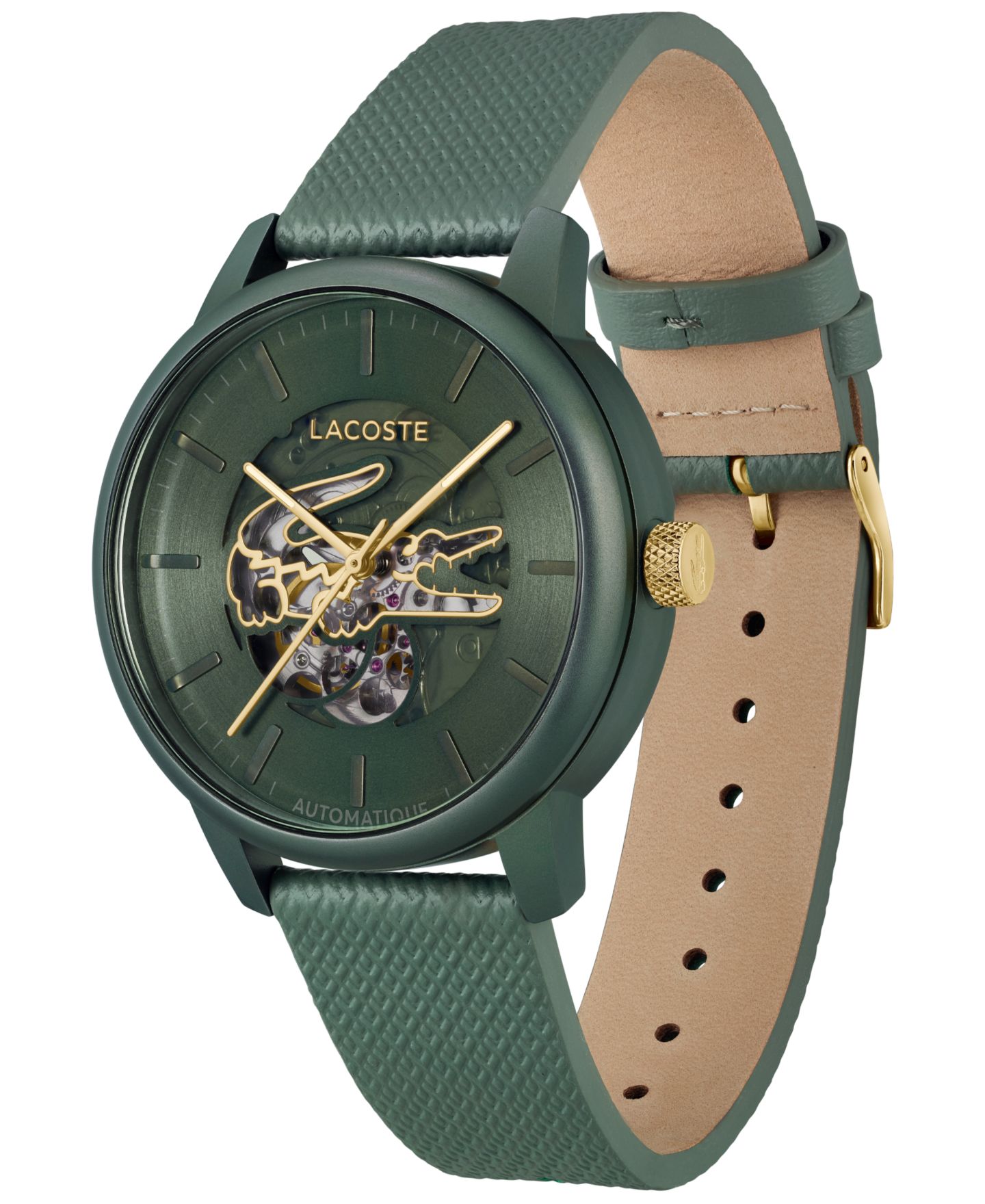 Мужские часы Lacoste L.12.12 Automatique Green Leather Strap Watch 44mm — фото 2