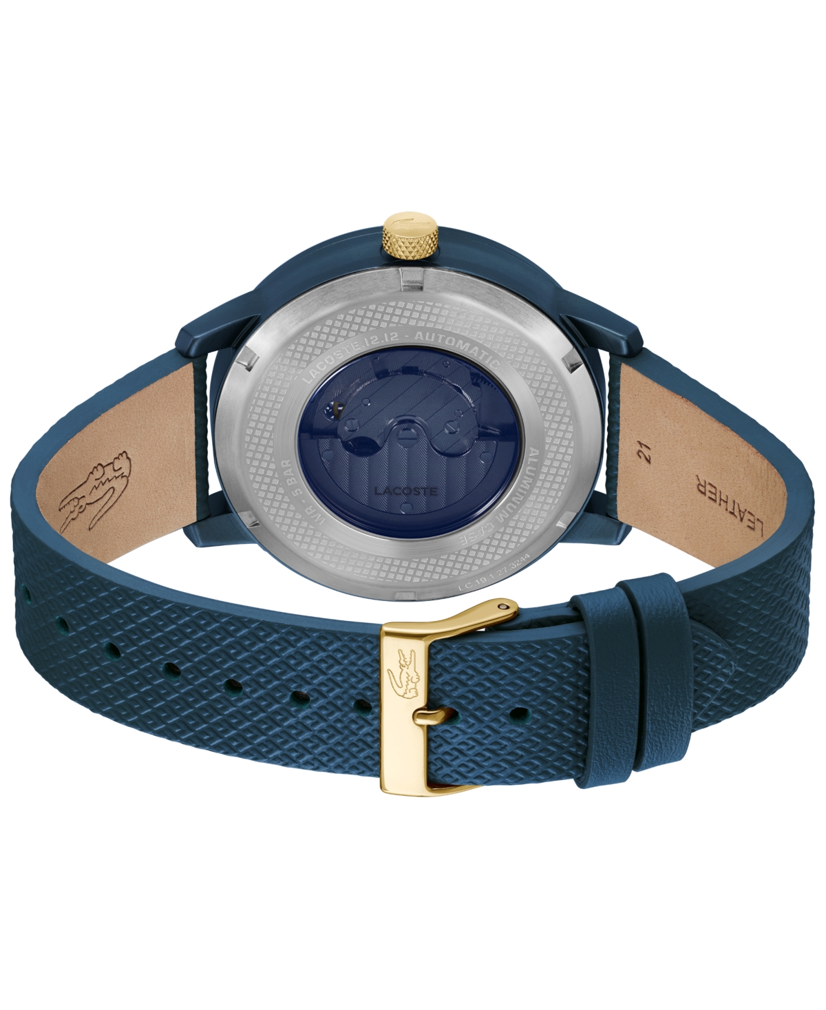 LACOSTE MEN'S L.12.12 AUTOMATIQUE BLUE LEATHER STRAP WATCH 44MM 