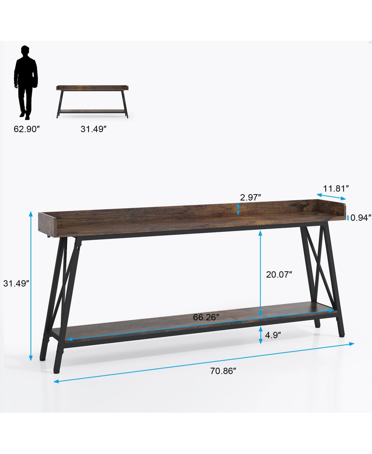 Mondawe 70.87inchBlack Extra Long Console Table Behind Couch for Living Room - Brown