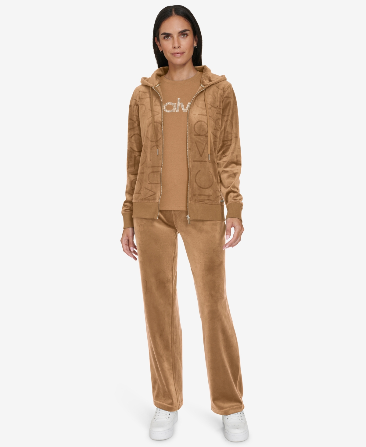 Calvin Klein Women's Tonal Logo Velour Zip-Front Hoodie