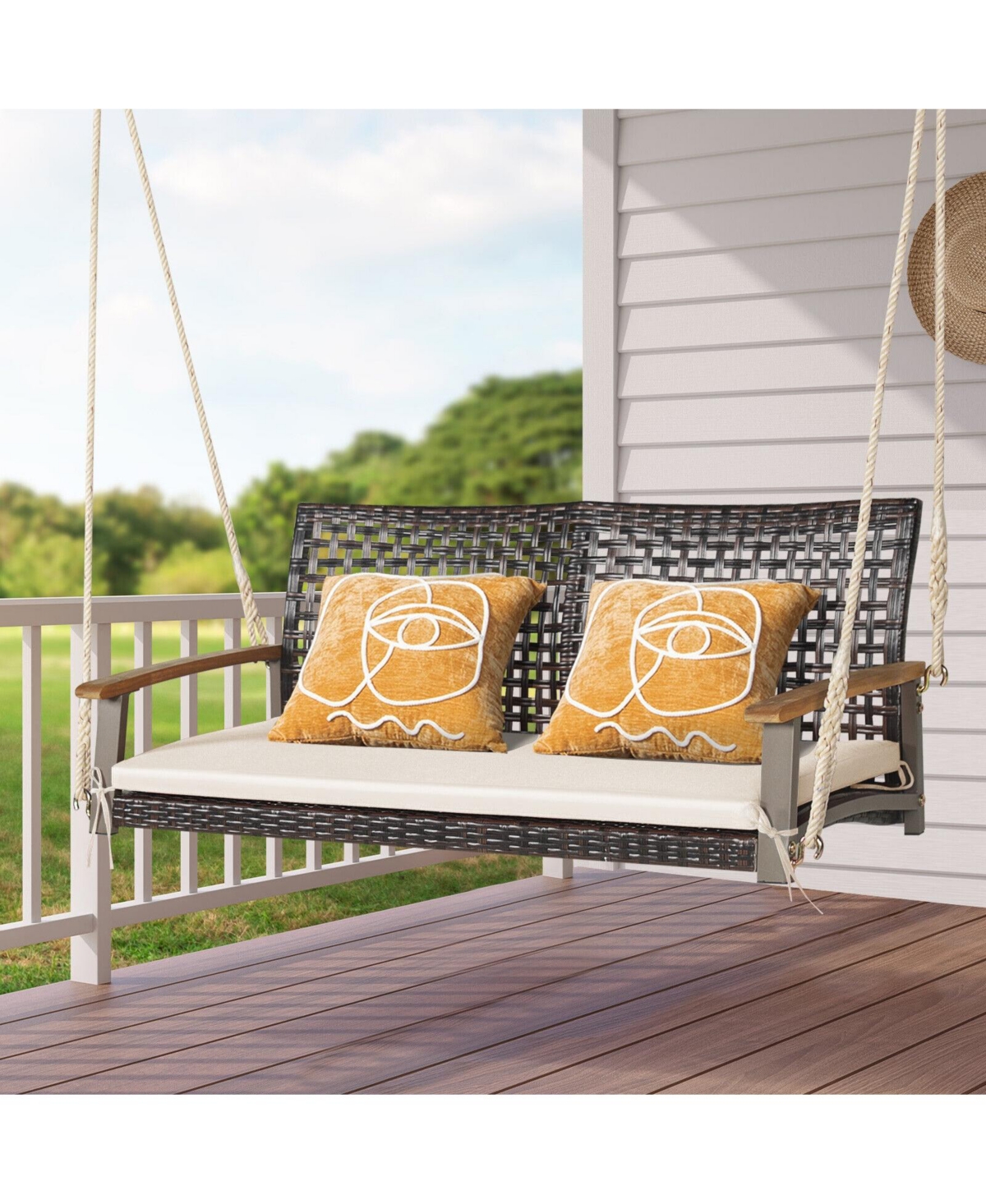 Sugift 2-Person Rattan Hanging Porch Swing Chair