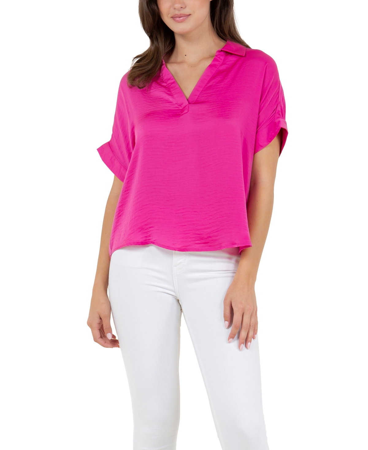 Women's Solid Textured Satin-like Top with Collar - Very Berry