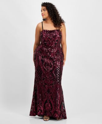 plus size burgundy sequin dress Plus Size Sweetheart Long Sleeve Burgundy Sequin Prom Dress PJM041L main image 1