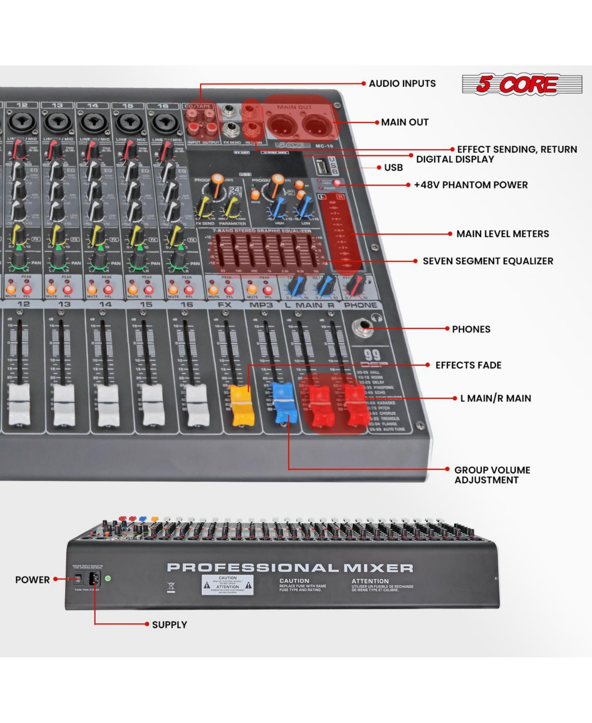 5 Core Audio Mixer 16 Channel Dj Mixing Board Bluetooth Usb Analog Professional Mezclador De Audio