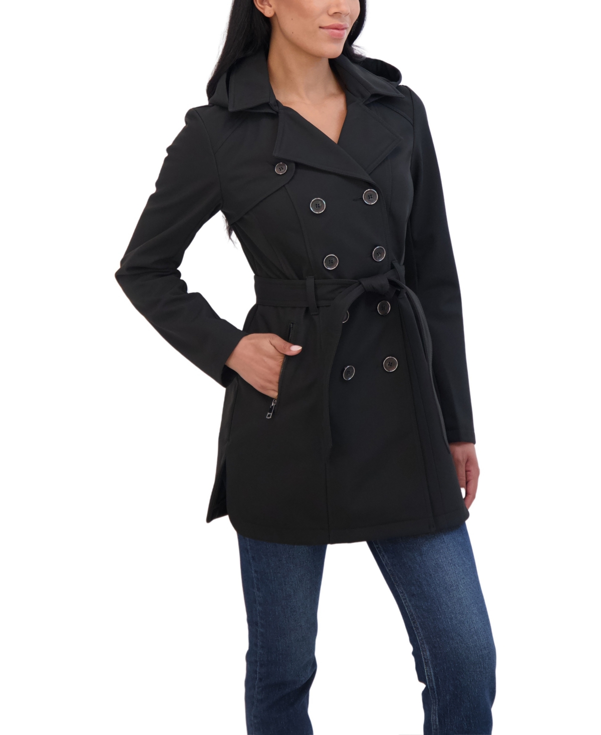 Sebby Collection Women s Belted Double Breasted Soft Shell Trench Coat With Detachable Hood Graphite Smart Closet