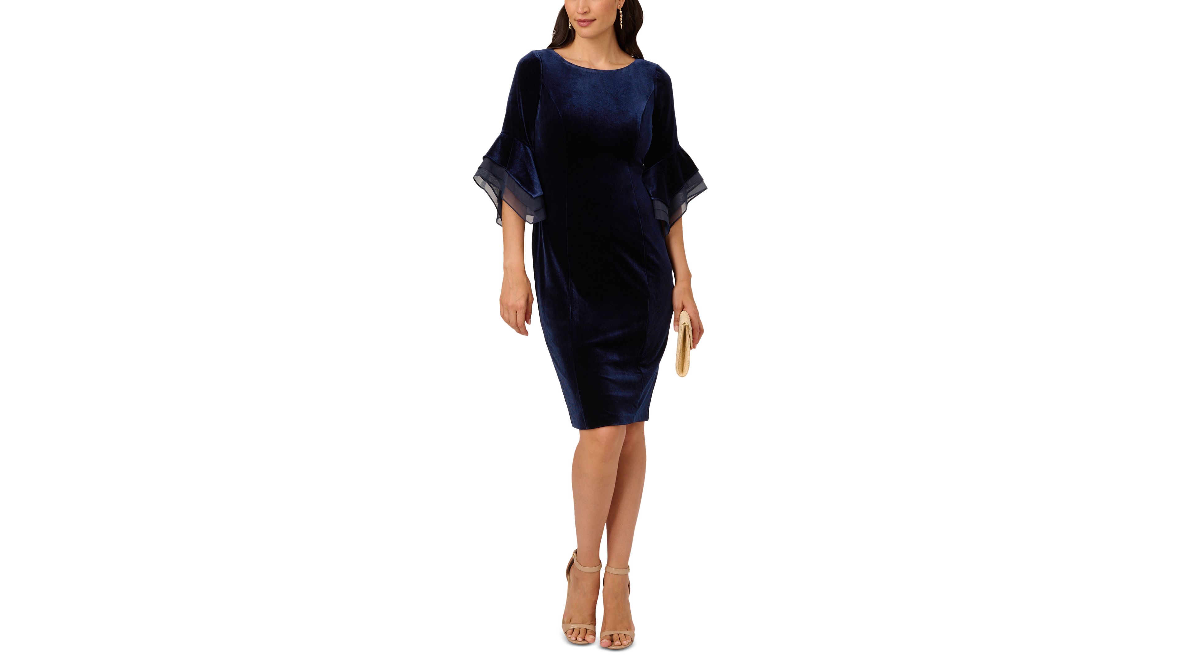 Adrianna Papell Womens Velvet Bell Sleeve Mesh Trim Dress