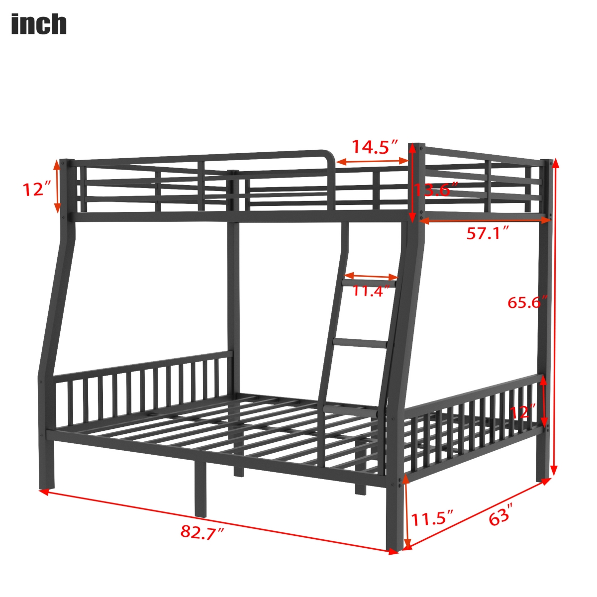 Streamdale Furniture Xl Over Queen Metal Bunk Bed with Ladder and Slats Support for Adults Teens,- Black
