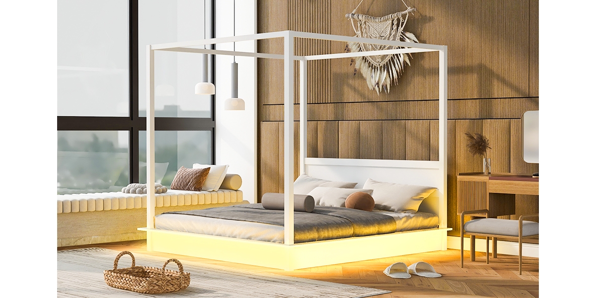 Streamdale Furniture Size Wood Led Canopy Bed, Canopy Platform bed With Support Slats, No Box Spring Needed,Kig