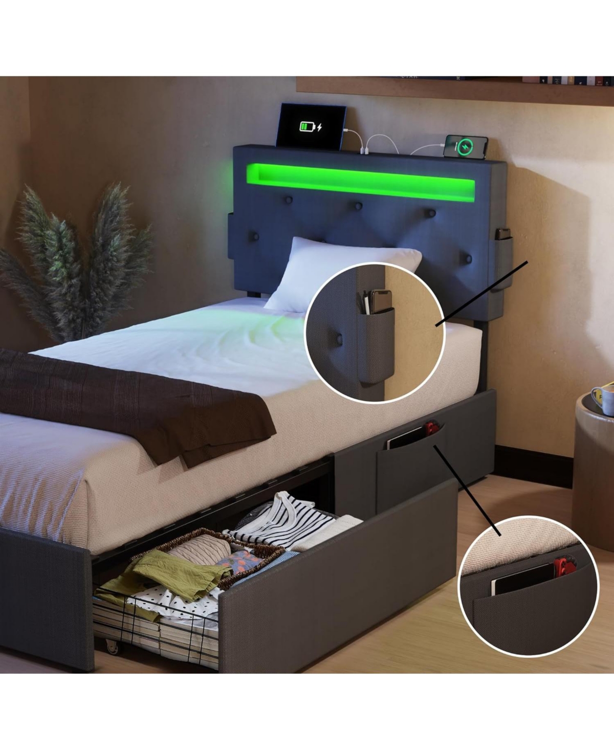 Streamdale Furniture Twin Bed Frame with Usb Charging, Led Lights, Headboard, Storage Drawers