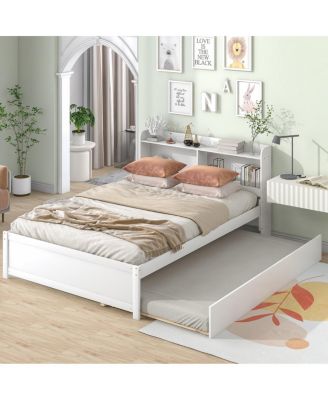 Full Size Pine Wood Bed With Trundle,Bookcase